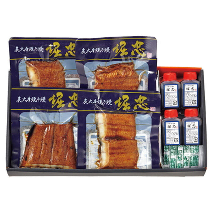 ギフト箱に入れられたうなぎの蒲焼個食パックとたれ