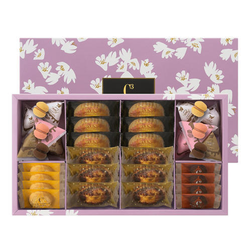 個包装の焼き菓子が詰まった紫色のギフトボックス。