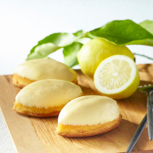 木の皿に盛り付けられた五感のレモンケーキ