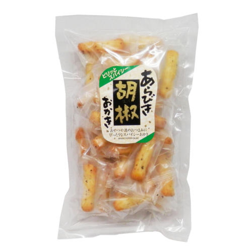 透明のパッケージに入ったイシガミの「あらびき胡椒おかき」