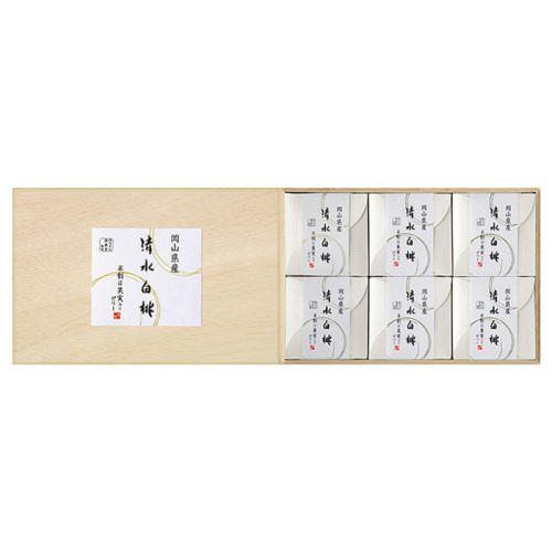 木箱風の化粧箱に、「清風庵」の「清水白桃ゼリー」が6個詰め合わせになっている様子