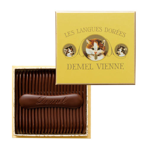 黄色の箱に入ったデメルの「ソリッドチョコ猫ラベル スウィート」