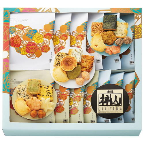 花柄パッケージのおかきとあられのセット。