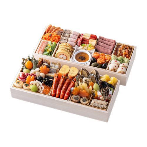 有頭えびやローストビーフが入った二段重のおせち。