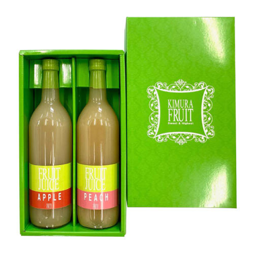グリーンの箱に入ったキムラフルーツの「フルーツジュース(720ml)詰合せ 2本【B】(紅玉りんご・もも)」