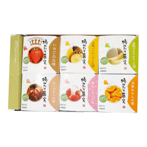 フルーツの写真がプリントされたパッケージが華やかな「一心堂」の摘みたて菓実6個入り詰合せ