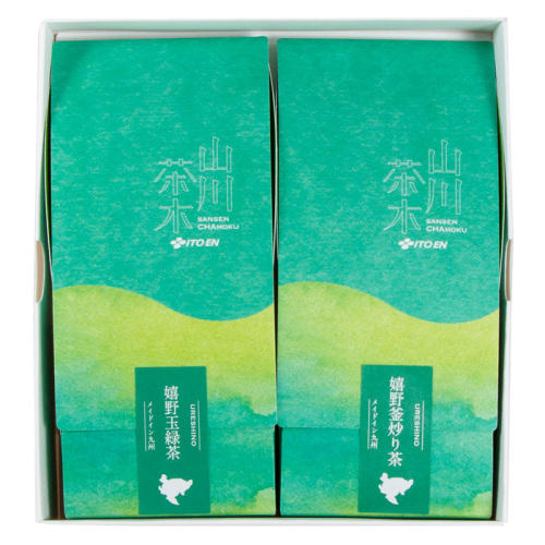 茶葉が入った緑色の袋が2つ入った白色のボックス。