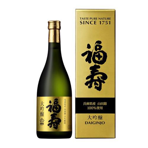 兵庫県の大吟醸酒「福寿」のボトルと金色のパッケージ