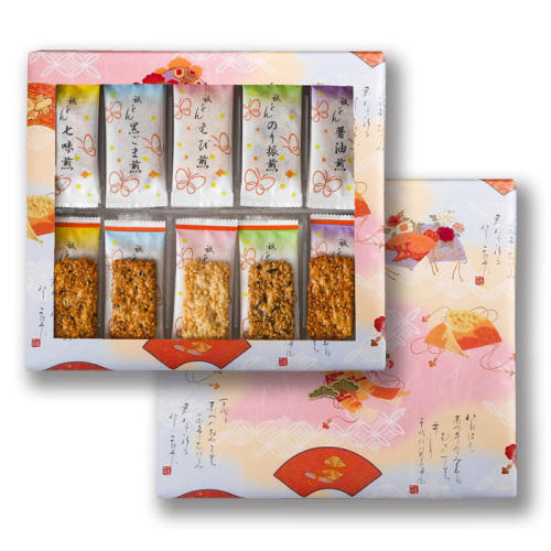 ピンクや黄色のグラデーションの箱に入った萩月のおかき5種類