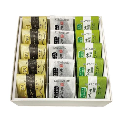 白い化粧箱に、「京の黒豆 北尾」の「黒豆しぼり」「抹茶黒豆しぼり」「親子黒豆しぼり」がそれぞれ5個ずつ詰め合わせになっている様子