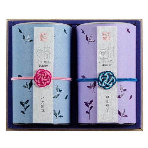 水引リボンがかかった水色の茶筒と紫色の茶筒。