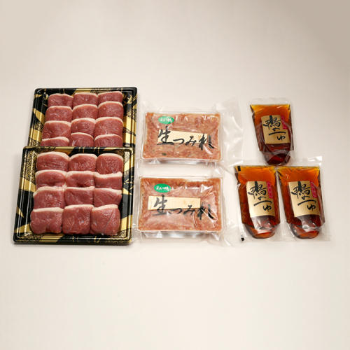 鴨肉のスライス・生つみれ・鍋つゆが、それぞれパック詰めにされた状態で並べられている
