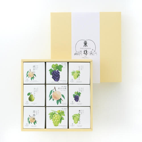 果物が描かれた正方形の箱が9つ詰められている