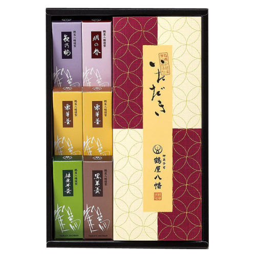 箱に詰められた6個の個包装された一口羊羹と「いただき」