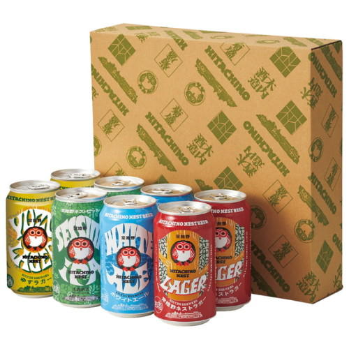 茶色の箱に入った木内酒造の「常陸野ネストビール8缶セット」