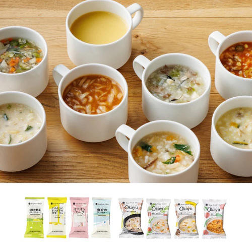 「スープストックトーキョー」のフリーズドライスープとお粥が入ったカップが8個並んでいる