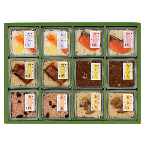 緑色の化粧箱に6種類の炊き込みご飯が詰め合わせになっている