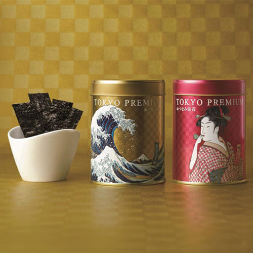 浮世絵デザインの缶に入った山本海苔店の「東京プレミアム おつまみ海苔2缶セット」
