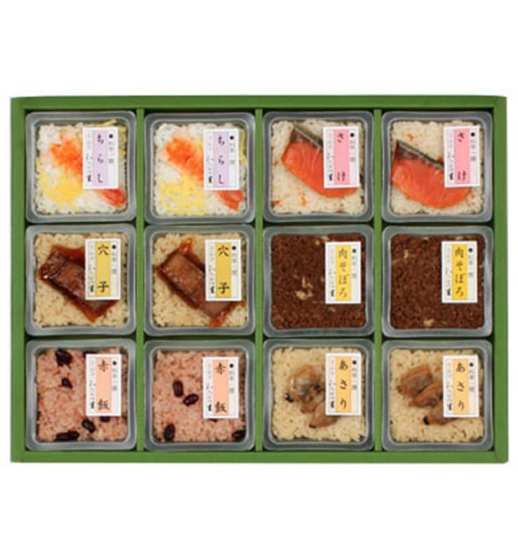 緑の化粧箱に入った小パックの炊き込みご飯6種類各2個