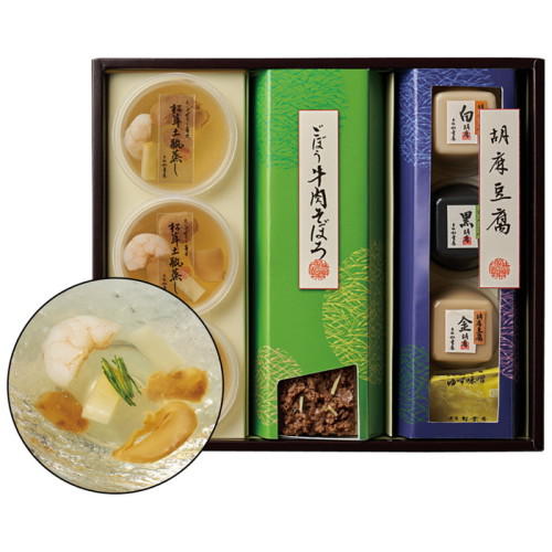 ギフト箱入り松茸土瓶蒸しのゼリー寄せ、胡麻豆腐などの詰め合わせ