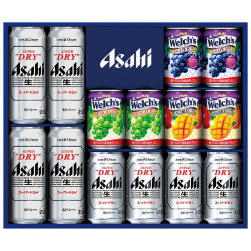 ギフト箱入りスーパードライビールとフルーツジュースの詰め合わせ