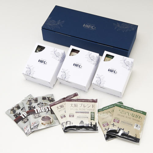 ブルーと白の箱に入ったコーヒーギャラリーヒロの「ドリップコーヒーギフト 阪急セレクション15個入り」