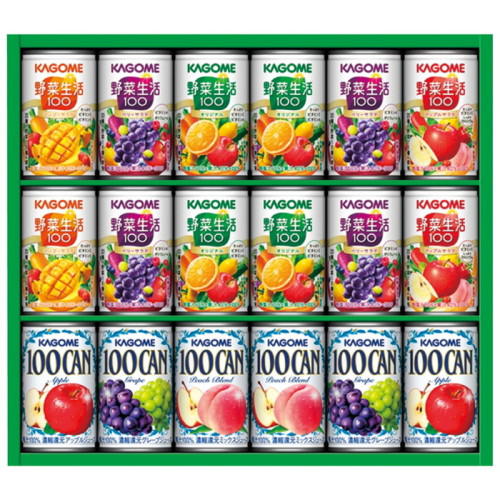 フルーツ・野菜ジュースが18缶入ったギフトボックス。