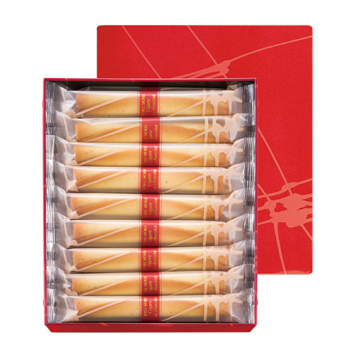 個包装のロールクッキーが入った赤色のギフト缶。