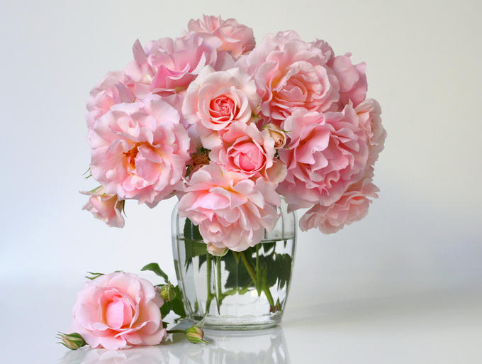 透明の花瓶にピンクのバラのブーケが添えられている。