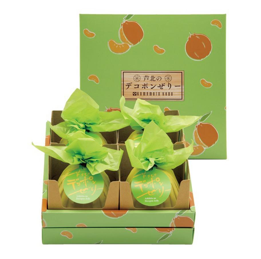 緑の化粧箱に入った、緑の紙で包装されたデコポンぜりー