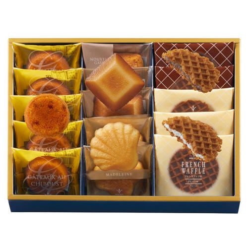 青い箱に入れられたマドレーヌ、フィナンシェなどブールミッシュの人気焼き菓子7種類