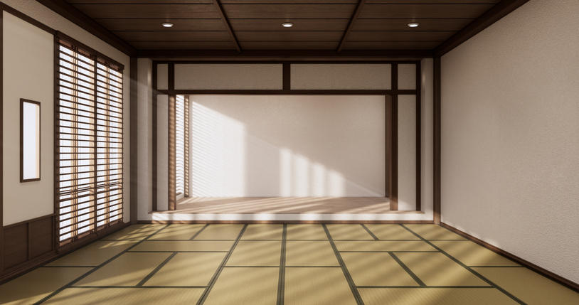 左から太陽の光が差し込んでいる和室。