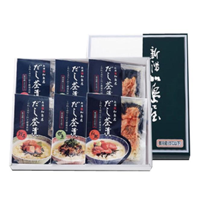 化粧箱に並んだ濃紺のパッケージに入った茶漬け6個