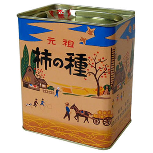 田舎の風景が描かれた缶に入った柿の種