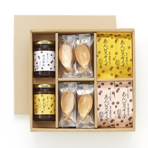 パッケージやラベルのデザインがかわいい京らく製あん所「詰合せ（つぶあん、あんバター、おさじパイ、あんビスキュイ）」