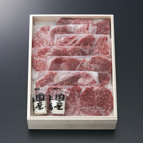 木の箱に入った精肉専門店　つの田の「国内産黒毛和牛焼肉用(ヘレ) 500g」