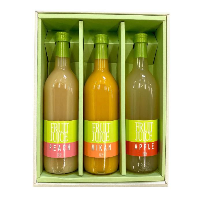 ギフト箱に入れられた「キムラフルーツ」のフルーツジュース 3本（もも・みかん・ふじりんご）