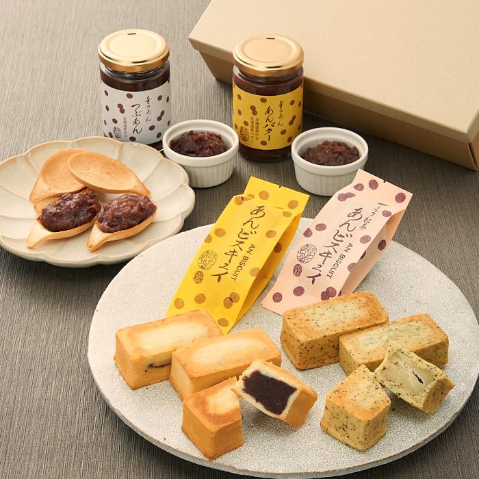 「京らく製あん所」の「詰合せ(つぶあん、あんバター、おさじパイ、あんビスキュイ)」