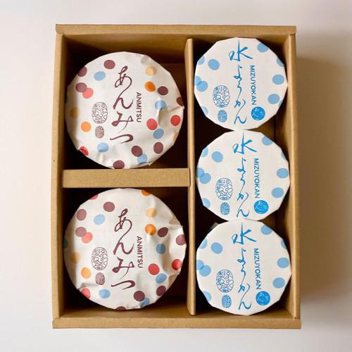京らく製あん所のあんみつ・水ようかん詰合せ 5個入のパッケージ中身