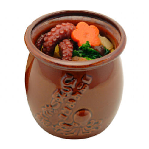 茶色い壺型の容器に入ったひっぱりだこ飯