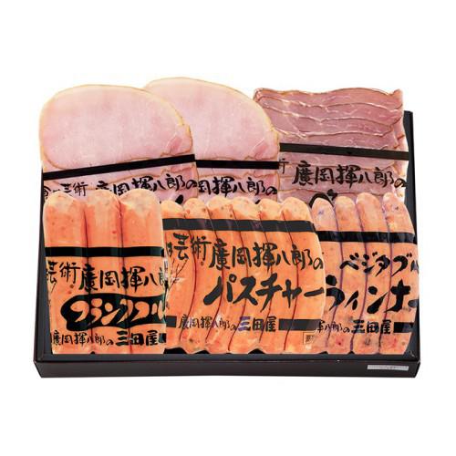  ロースハムスライス70g×2P、黒い化粧箱に、ベーコンスライス・パスチャー・フランクフルト・ベジタブルウィンナーが詰め合わせになっている