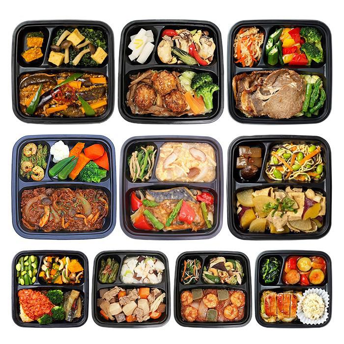 10種類の冷凍弁当が並んでいる