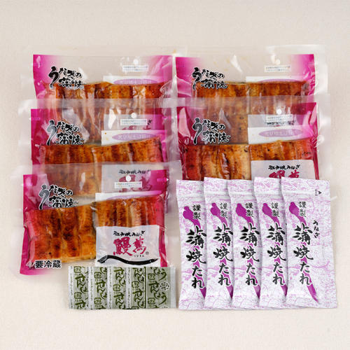 ピンクのパッケージに入った関東風うなぎ 鰻萬の「うなぎ蒲焼ハーフサイズ5枚セット」