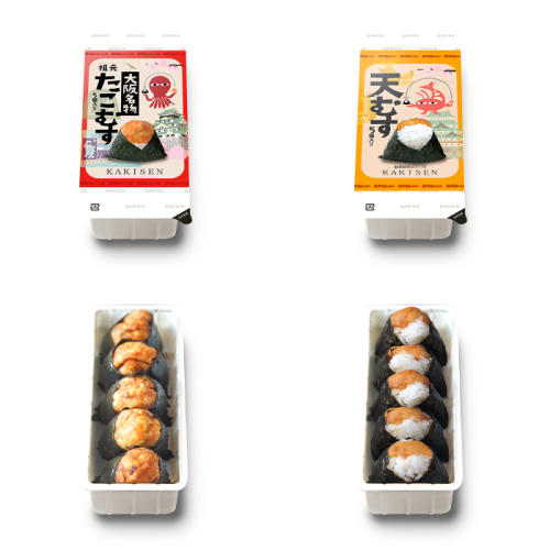 「柿千」の「冷凍 たこむす、天むすセット」のパッケージとおむすび