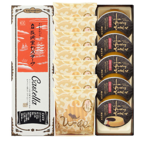 パッケージがレトロでおしゃれな「長崎堂」の「カステーラ・ヴァッフェル（7枚入）・プリン（5個入）の詰め合わせ」