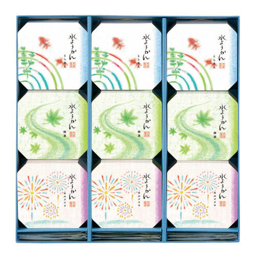 青い箱に入った両口屋是清の「水ようかん 9入」