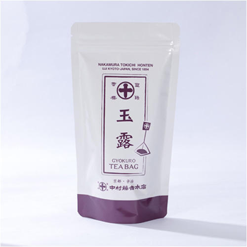白地に紫の高級感があるパッケージに入った「中村藤吉本店」のお茶「玉露ティーバッグ」