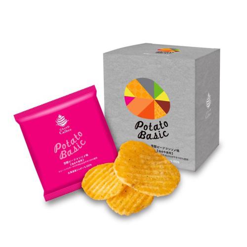 グレーの箱とピンクの袋に入ったグランカルビー PotatoBasic 芳醇ビーフコンソメ味