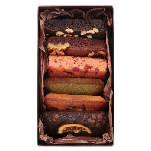 茶色い化粧箱に入った、カラフルな焼き菓子の詰め合わせ