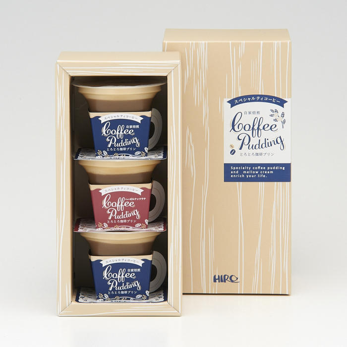 木目デザインの箱に入ったコーヒーギャラリーヒロの「自家焙煎とろとろ珈琲プリン 3個箱」